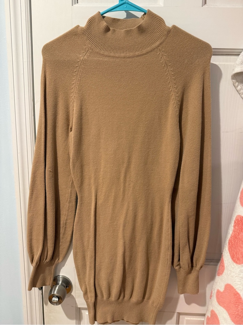 Women's Long Sleeve Mock Neck Knit Dress in Camel